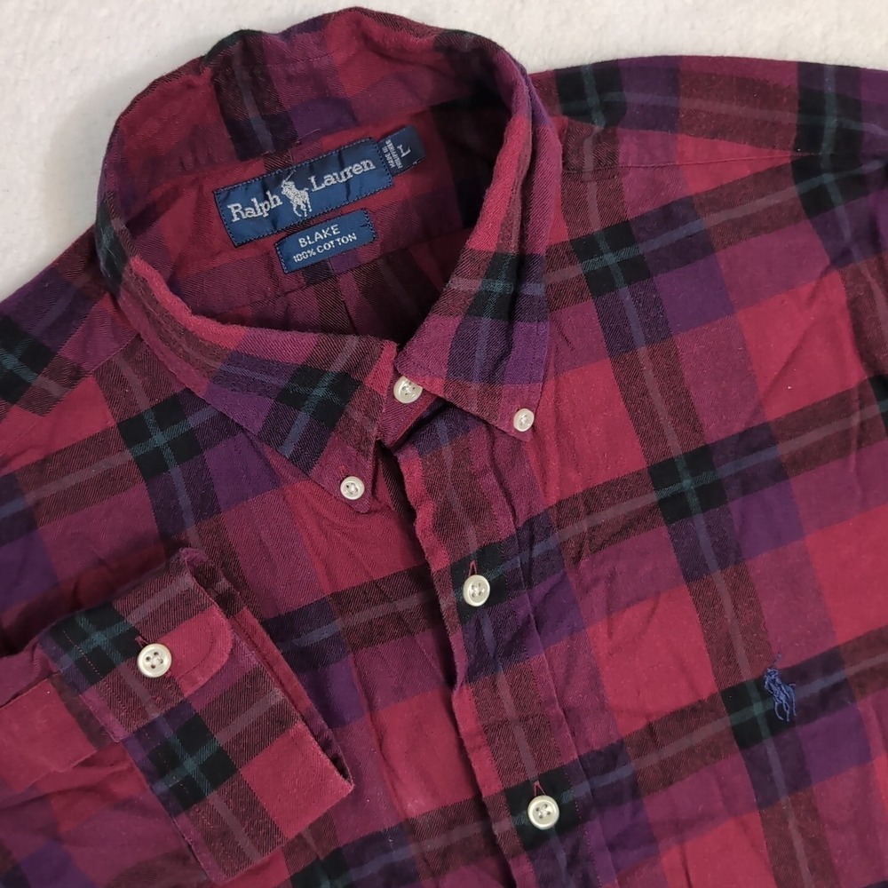 Ralph Lauren Blake Red Plaid Flannel Button Up Shirt Men's L 100% Soft‎ Cotton